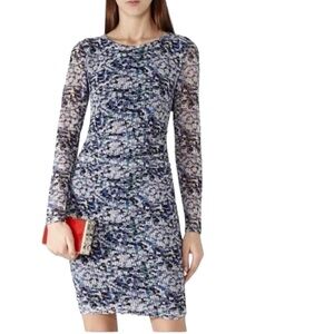Reiss floral print multi color mash bodycon long sleeve mini dress size 8 Fariy
